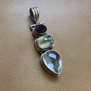 Vintage Triple Multi Stone 925 Sterling Silver Necklace Pendant